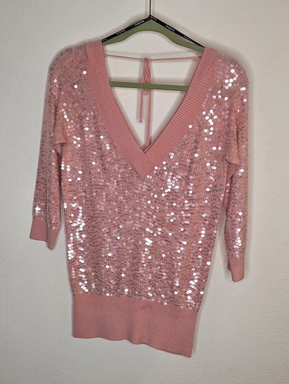 bebe Pink Sequin V-Neck Sweater - Vintage - Medium